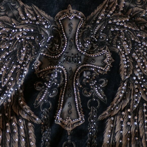 Vocal Shirt Womens Medium Crystal Studded Black Gray Y2K Wings Grunge Rhinestone - Picture 3 of 10